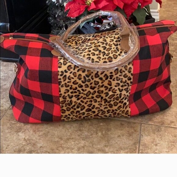Leopard & Buffalo Plaid Duffel Bag With Brown Handles & Detachable Strap - Picture 5 of 14